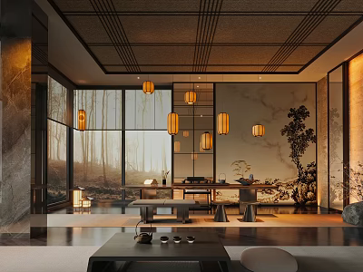 Modern Chinese Tea Room With Wooden Ceiling Lantern Lights Marble Walls And Bamboo Forest View 3d model