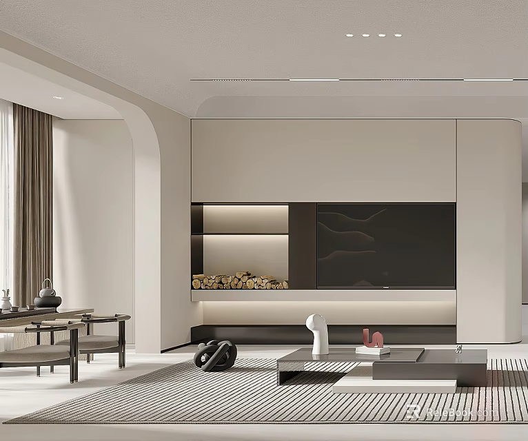 Modern Living Dining Room Interior With TV Wall Sofa Coffee Table And Dining Set 3d model