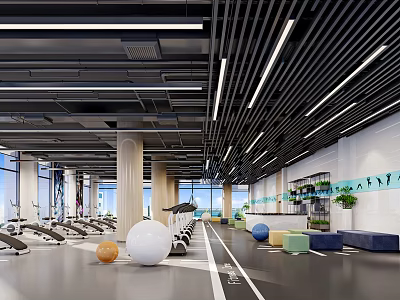 Spacious Fitness Gym Interior With Treadmills Exercise Balls Rest Areas And Ceiling Lights 3d model