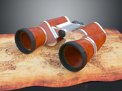 Vintage Red Wooden Binoculars With Metal Accents Placed On Antique Map For Commercial Exploration 3d model