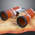 Vintage Red Wooden Binoculars With Metal Accents Placed On Antique Map For Commercial Exploration