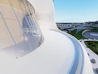 Modern Garden Landscape with White Curved Architecture Glass Facade Green Spaces Water and Roads 3d model