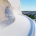 Modern Garden Landscape with White Curved Architecture Glass Facade Green Spaces Water and Roads