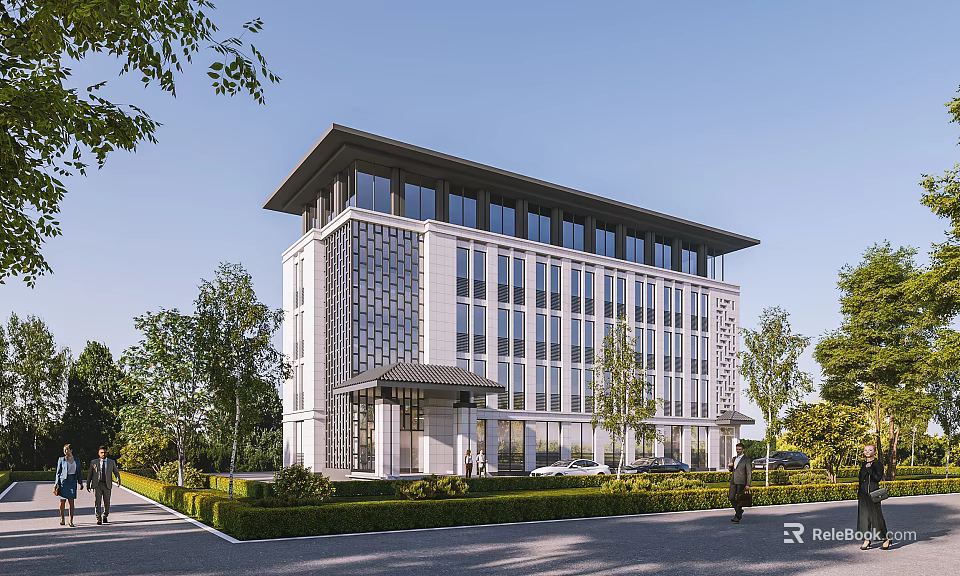 Modern Office Building Exterior With Glass Curtain Walls Stone Facade And Surrounding Greenery 3d model 