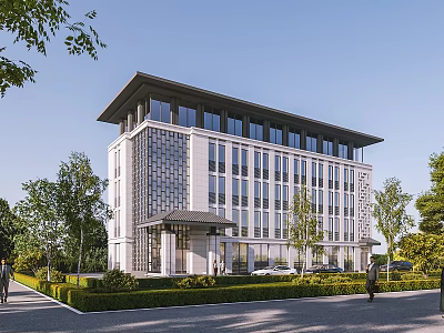 Modern Office Building Exterior With Glass Curtain Walls Stone Facade And Surrounding Greenery 3d model