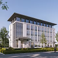 Modern Office Building Exterior With Glass Curtain Walls Stone Facade And Surrounding Greenery