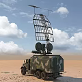 Military Utility Vehicle With Large Radar Antennas Mounted On Top In Desert Terrain