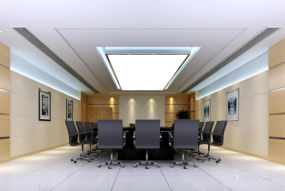 Modern Conference Room Interior With Black Chairs Central Table Ceiling Lighting And Wall Paintings 3d model 