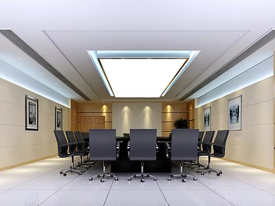 Modern Conference Room Interior With Black Chairs Central Table Ceiling Lighting And Wall Paintings 3d model
