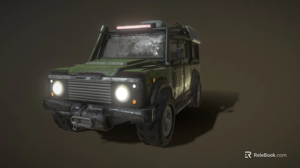 Military Style Green Off Road Vehicle With Worn Exterior Headlights On And Roof Light Bar 3d model 