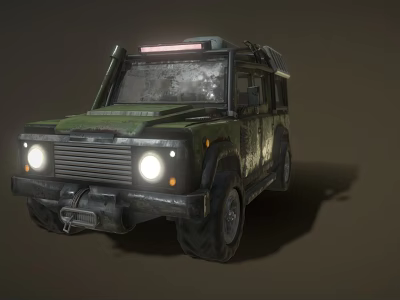 Military Style Green Off Road Vehicle With Worn Exterior Headlights On And Roof Light Bar 3d model