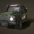 Military Style Green Off Road Vehicle With Worn Exterior Headlights On And Roof Light Bar