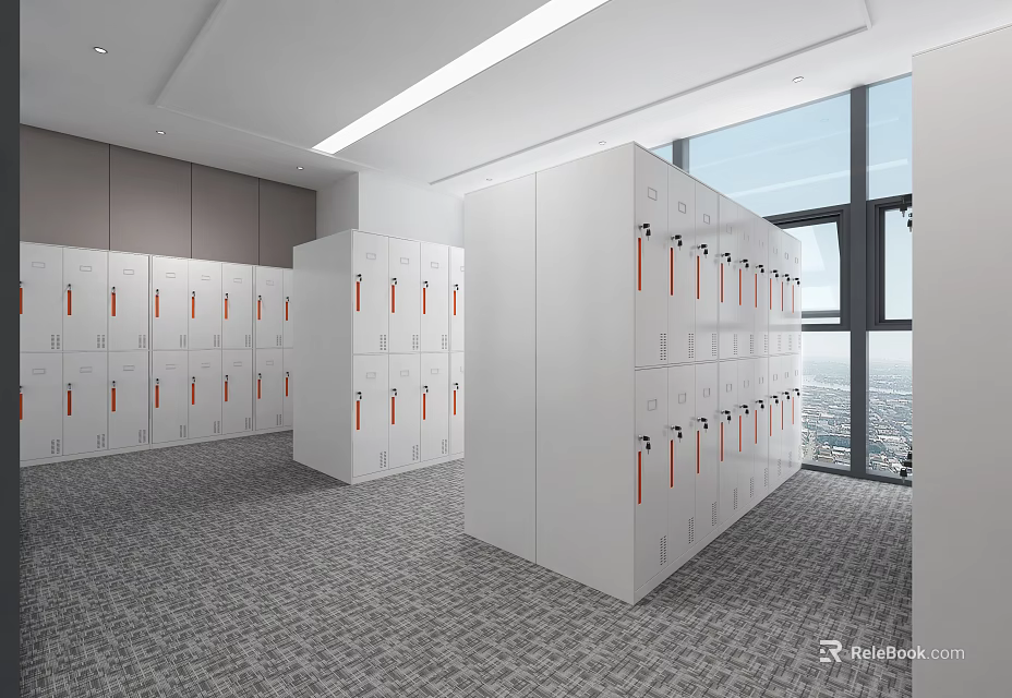 Modern White Bookcases With Orange Handles In Bright Room With Large Windows And Gray Carpet 3d model 
