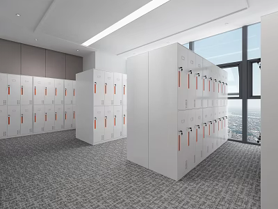 Modern White Bookcases With Orange Handles In Bright Room With Large Windows And Gray Carpet 3d model