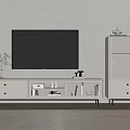 Modern White TV Stand With Glass Doors Drawers And Decorative Items In Minimalist Interior