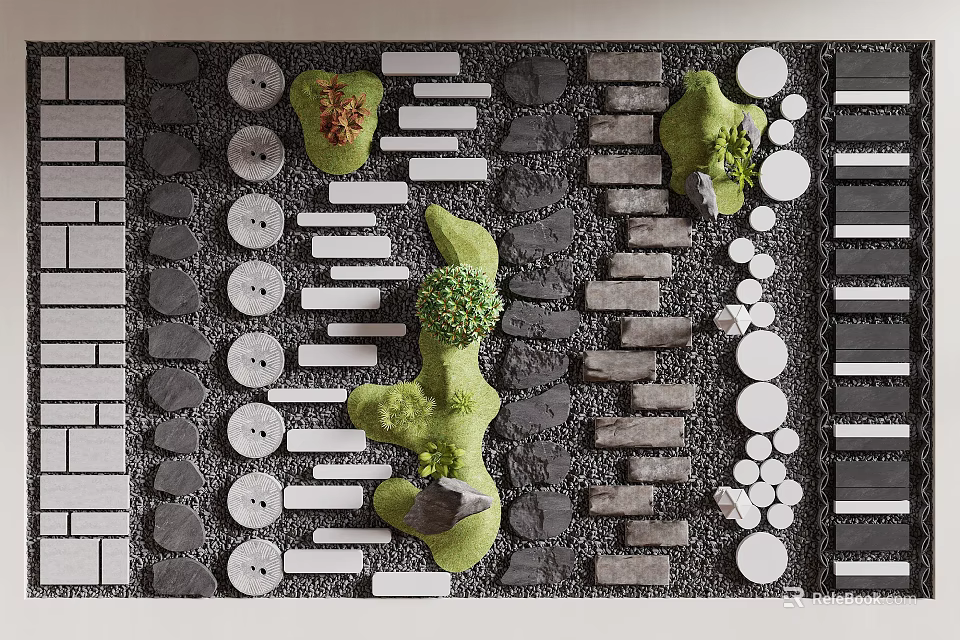 Stepping Stones Garden Path With Various Shaped Stones Black White Paving And Small Green Plants 3d model 