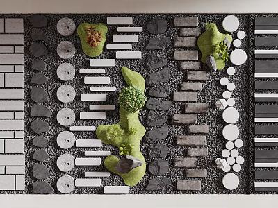 Stepping Stones Garden Path With Various Shaped Stones Black White Paving And Small Green Plants 3d model