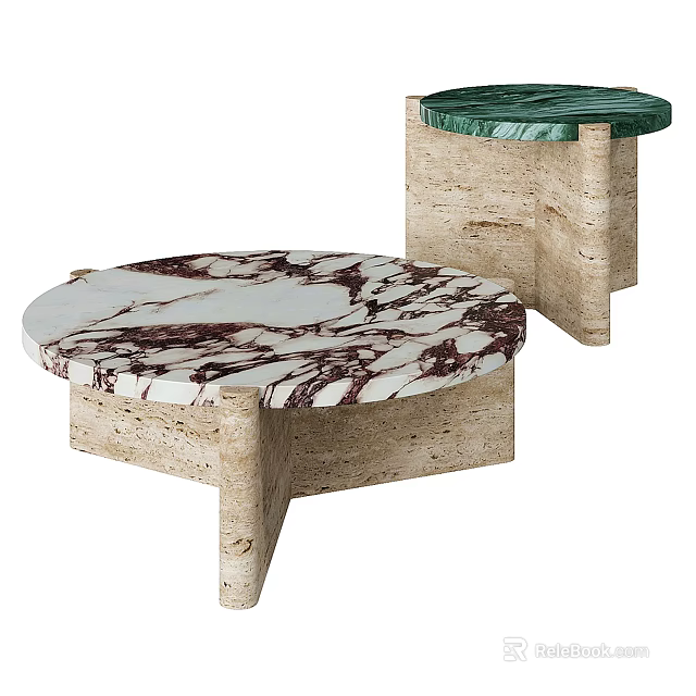 Round Coffee Table Featuring Red White Veined Marble Top And Beige Stone Base 3d model