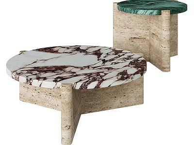 Round Coffee Table Featuring Red White Veined Marble Top And Beige Stone Base 3d model