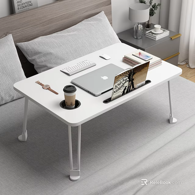 White Foldable Bed Desk With Laptop Keyboard Coffee Cup And Book 3d model