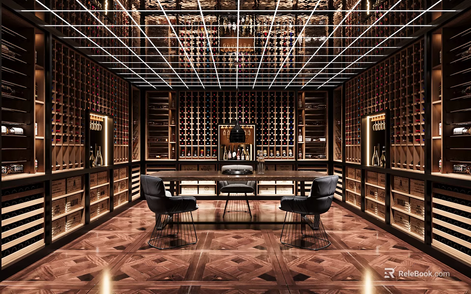 Modern Open Wine Cellar Interior With Wooden Wine Racks And Display Shelves 3d model 