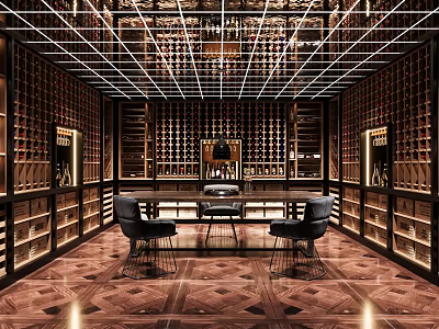 Modern Open Wine Cellar Interior With Wooden Wine Racks And Display Shelves 3d model