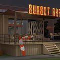 Sunset Liquor Store Featuring Neon Sign Outdoor Patio Tables And Surfboard Decor