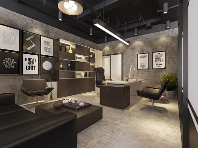 Modern Office Interior Design With Sofa Office Desk Chairs And Decorative Posters 3d model