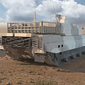 Sand Colored Military Tank With Cannon Tracks In Desert Under Cloudy Sky