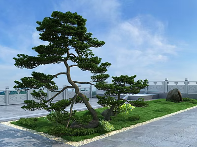Tree House Built On Pine Tree With Green Lawn And Stone Railing Under Blue Sky 3d model