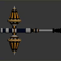 Twin Pointed Metal Weapon With Orange Black Accents And Mechanical Components