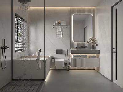 Modern Bathroom Interior Design With Marble Bathtub Glass Shower Vanity Mirror And Lighting 3d model