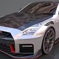Silver Nissan GT-R Sports Car With Carbon Fiber Hood Red Accents And Large Wheels