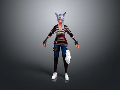 3D Stylized Character Model With Cat Ears Striped Top Black Pants White Shoes And Tail 3d model