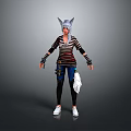 3D Stylized Character Model With Cat Ears Striped Top Black Pants White Shoes And Tail