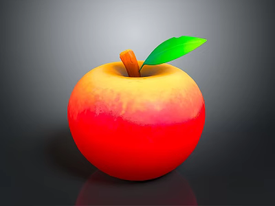 Fresh Red and Yellow Gradient Apple with Green Leaf Brown Stem and Shiny Surface 3d model