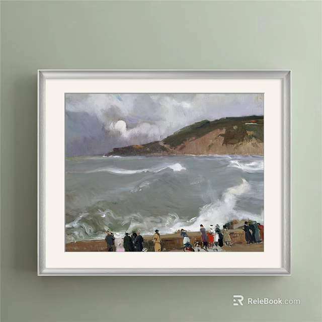 Coastal Landscape Painting With Rolling Waves People On Beach Stormy Clouds And Distant Cliff 3d model 