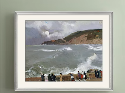 Coastal Landscape Painting With Rolling Waves People On Beach Stormy Clouds And Distant Cliff 3d model