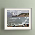 Coastal Landscape Painting With Rolling Waves People On Beach Stormy Clouds And Distant Cliff