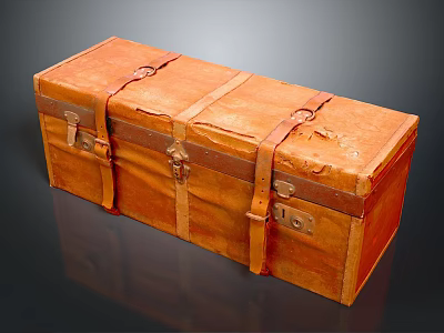 Vintage Distressed Orange Leather Trunk With Leather Straps And Metal Locks 3d model