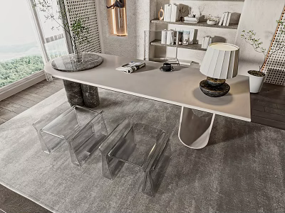 Modern White Desk with Lamp Books Transparent Stools and Scenic Window View 3d model
