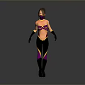 Woman in purple and yellow outfit with black gloves and boots walking pose