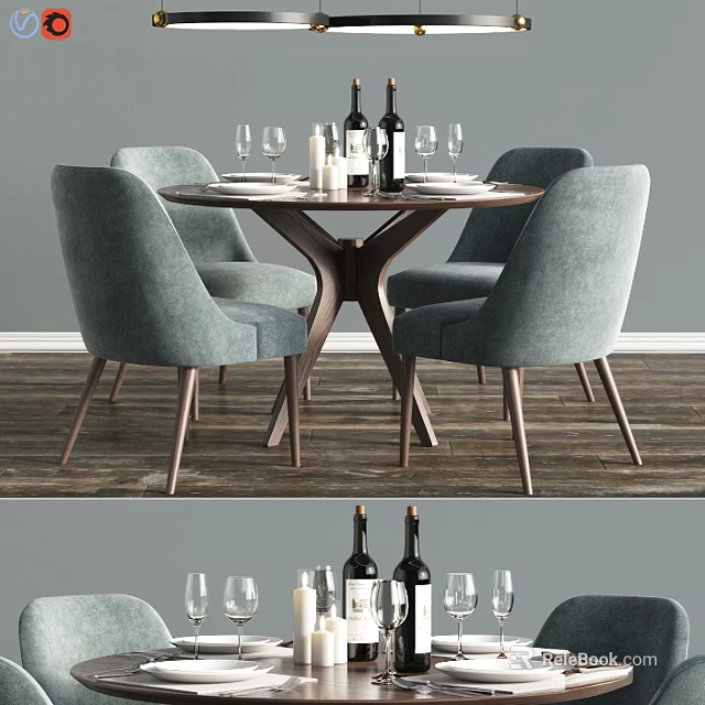 Modern Round Dining Table Set With Grey Chairs And Wine Glasses 3d model 