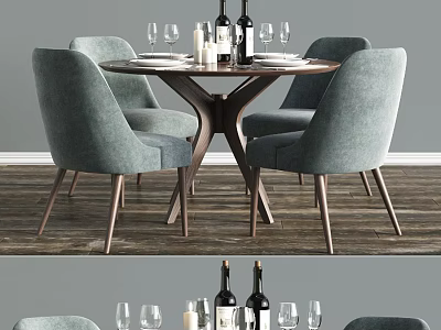 Modern Round Dining Table Set With Grey Chairs And Wine Glasses 3d model