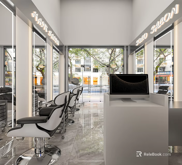 Modern Beauty Salon Interior With Windows Mirrors Styling Chairs Marble Floor Reception Desk And Computer 3d model 
