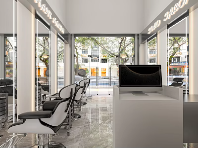 Modern Beauty Salon Interior With Windows Mirrors Styling Chairs Marble Floor Reception Desk And Computer 3d model