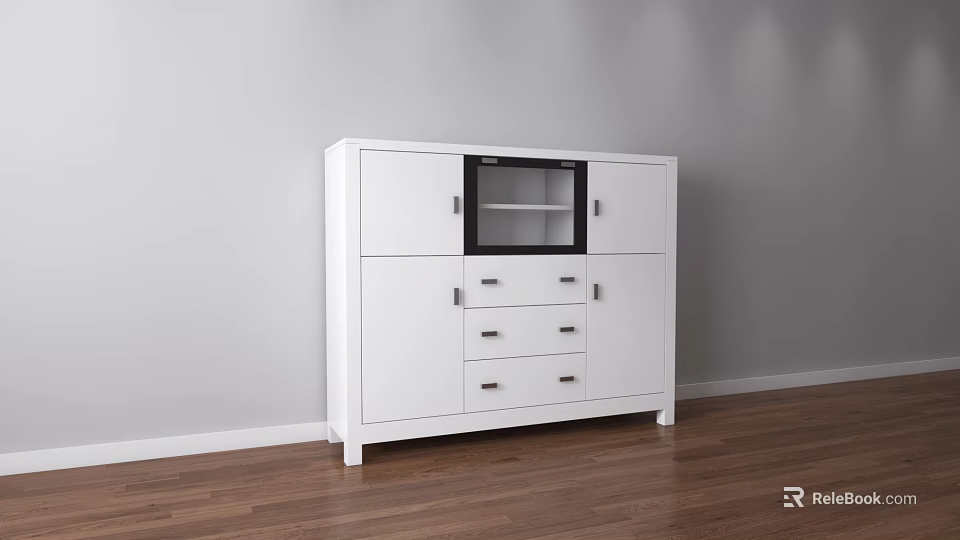 White Modern Decorative Cabinet With Glass Door And Drawers On Wooden Floor Against Gray Wall 3d model 