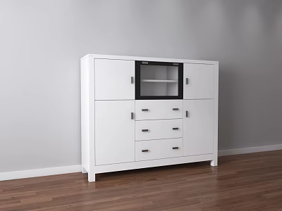 White Modern Decorative Cabinet With Glass Door And Drawers On Wooden Floor Against Gray Wall 3d model