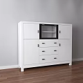 White Modern Decorative Cabinet With Glass Door And Drawers On Wooden Floor Against Gray Wall