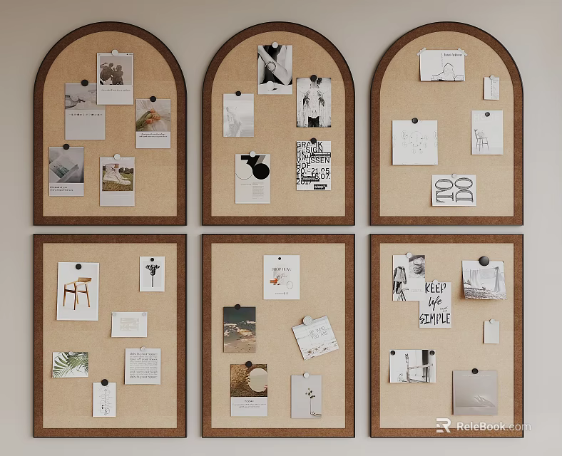 Decorative Photo Wall With Arched And Square Corkboard Displaying Photos And Notes 3d model 
